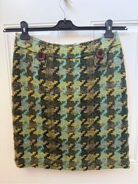 Per Se Olive, Aqua and Yellow Houndstooth Tweed Pencil Skirt